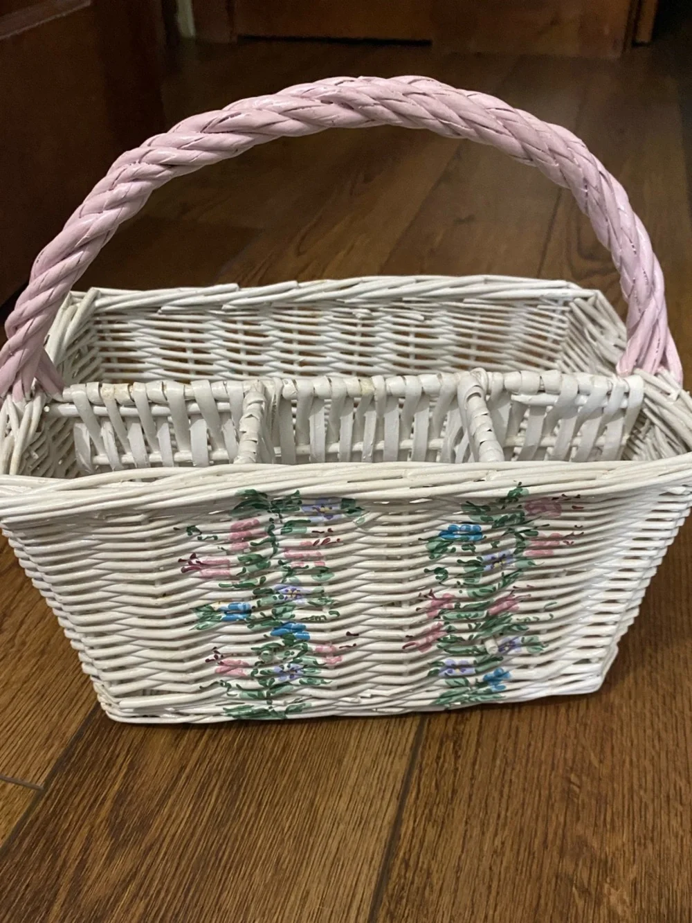 Vintage shabby chic white and pink utensil caddy basket